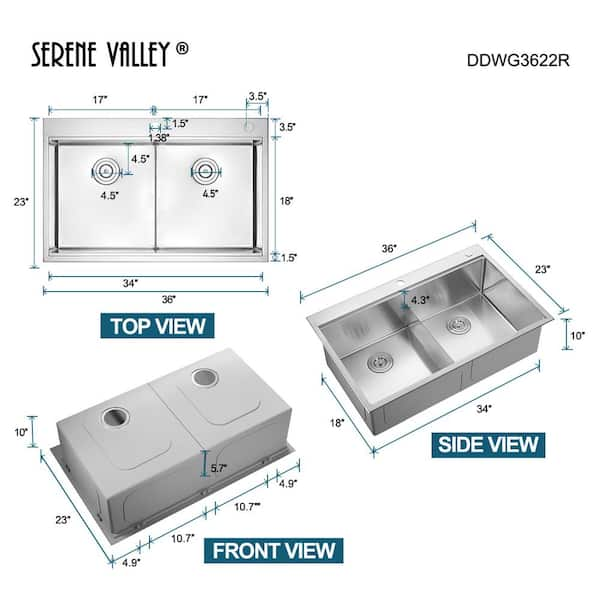 Serene Valley DDG3322R 33 in. Double Bowl Drop-In or Undermount Kitchen Sink with Thin Divider Faucet Drillings: 2 Hole