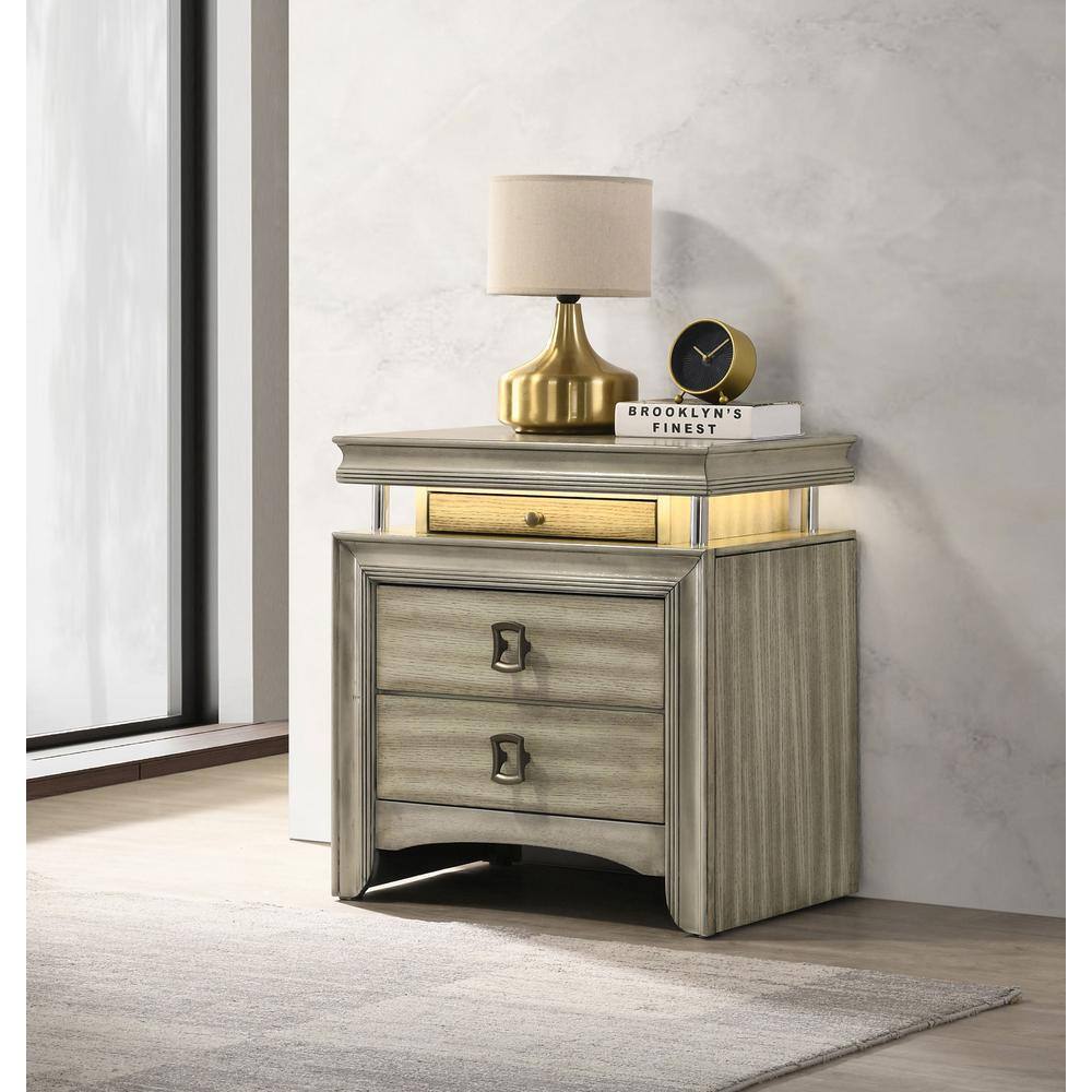 Giselle Beige 3-Drawer Nightstand with LED Light