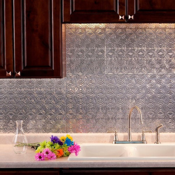 Fasade 18.25 in. x 24.25 in. Brushed Aluminum Lotus PVC Decorative Tile Backsplash