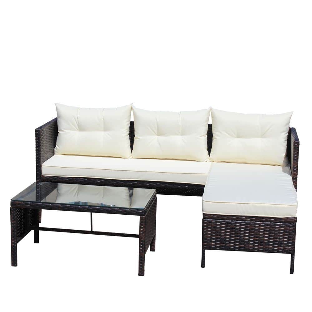 3-Piece Wicker Patio Conversation Set with Beige Cushions, Outdoor Seating Set for Garden, Backyard price history on PriceWatchPro