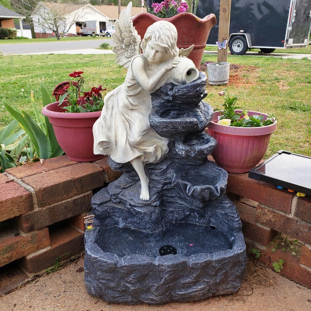 Angel Falls Gray Polyresin Solar Water Fountain with LED Light