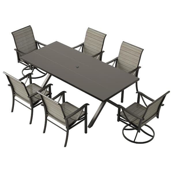 7-Piece Metal Patio Outdoor Dining Set with 4 Fixed Chairs, 2 Swivel Chairs, Umbrella Hole and Brown Textilene Fabric