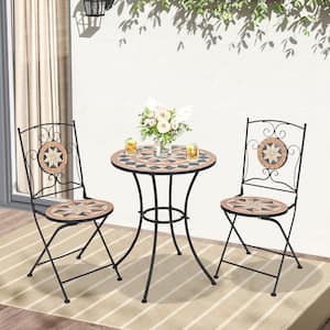 3-Piece Metal Outdoor Bistro Set with 1 Round Mosaic Table and 2 Folding Chairs