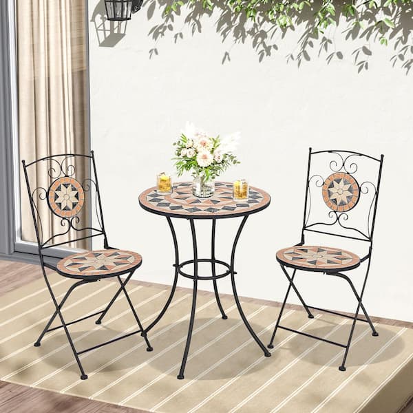 ANGELES HOME 3-Piece Metal Outdoor Bistro Set with 1 Round Mosaic Table and 2 Folding Chairs