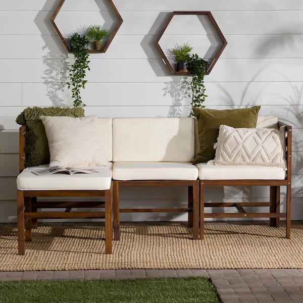 Walker Edison Furniture Company Dark Brown 4-Piece Acacia Wood Modern Modular Patio Conversation Set with White Cushions