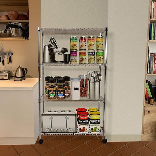 Otryad 4-Tier Heavy Duty Storage Shelving Unit, Height Adjustable for Kitchen in Silver