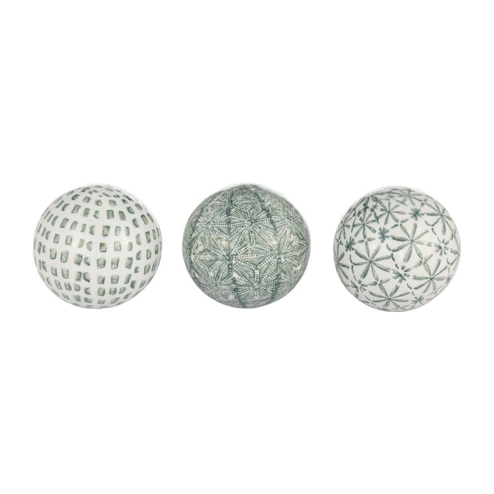 Set of 3 Green and White Ceramic Decorative Orbs