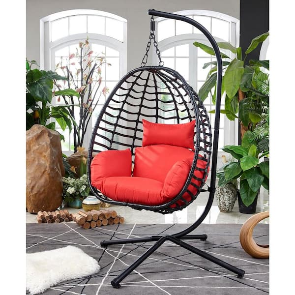 AUTMOON 37 in. L x 35 in. D x 78 in. H Red Outdoor Metal Patio Swing Hanging Oval Egg Chair