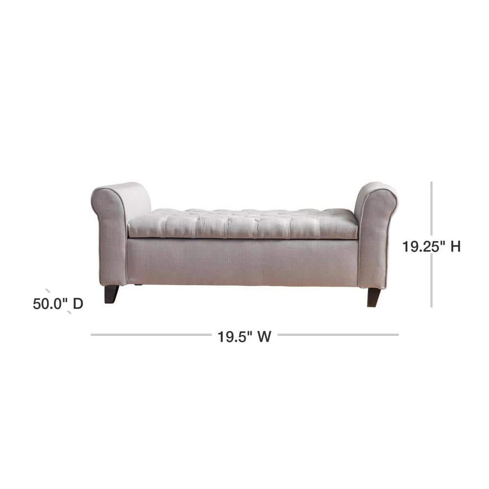Light Gray Tufted Fabric Storage Ottoman Bench with Rolled Arms