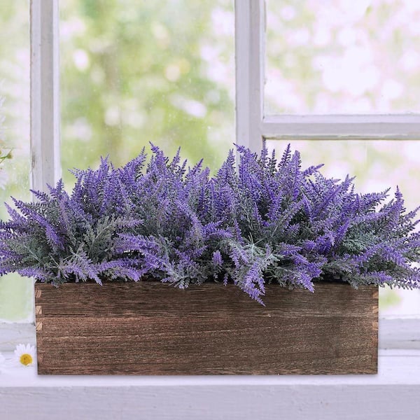 14 in. Artificial Lavender Plants in Brown Rectangular Wood