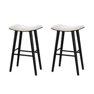 Luna 29 in. Black Backless Wood Saddle Bar Stools with White Boucle Fabric Seat (Set of 2)