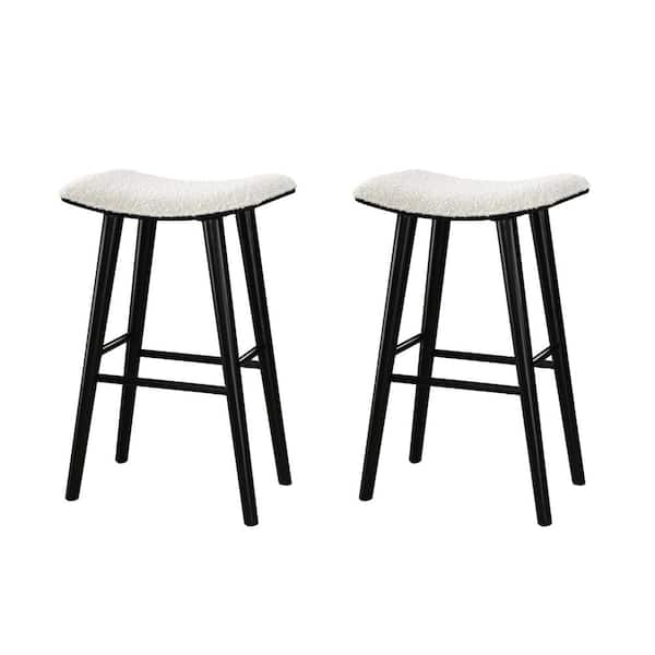Luna 29 in. Black Backless Wood Saddle Bar Stools with White Boucle Fabric Seat (Set of 2)
