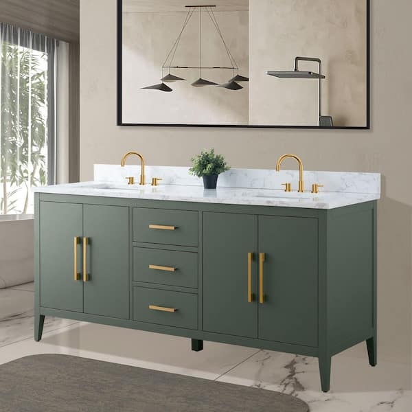 72 in. W x 22 in. D x 34 in. H Double Sink Bathroom Vanity Cabinet in Vintage Green with Engineered Marble Top