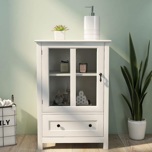 Buffet Storage Cabinet with Single Glass Doors and Unique Bell Handle in White