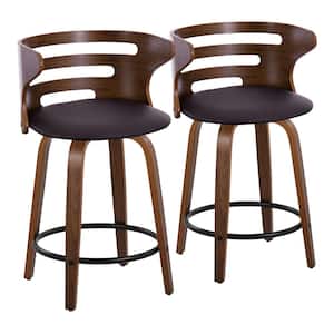 Cosi 23.25 in. Brown Faux Leather, Walnut Wood and Black Metal Fixed-Height Counter Stool (Set of 2)