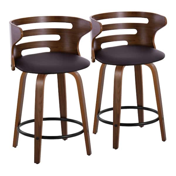Lumisource Cosi 23.25 in. Brown Faux Leather, Walnut Wood and Black Metal Fixed-Height Counter Stool (Set of 2)