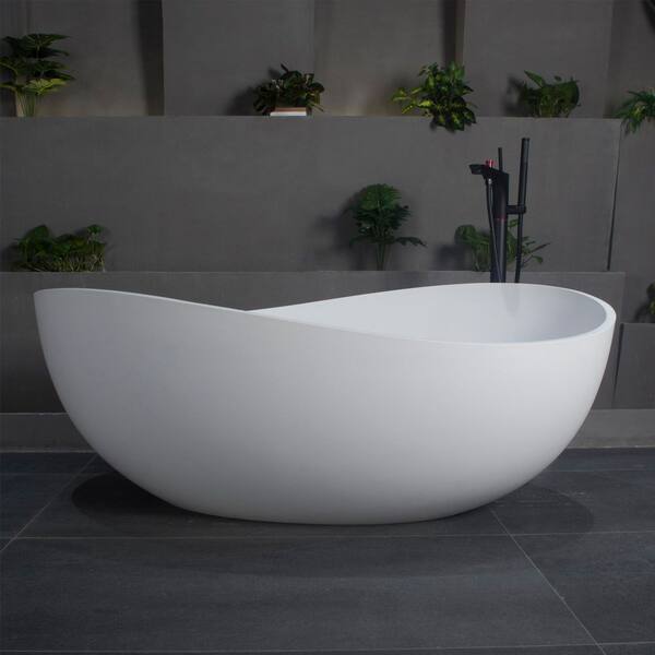 63 in. x 37.5 in. Artificial Stone Soaking Bathtub in Matte White Solid Surface with Overflow and Pop-up Drain