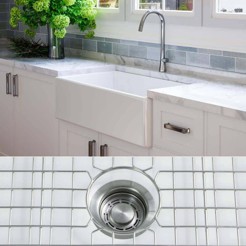 Luxury White Solid Fireclay 33 in. Single Bowl Farmhouse Apron Kitchen Sink with Stainless Steel Accs and Flat Front -  Fossil Blu, WHS1002SS