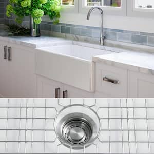 Luxury White Solid Fireclay 33 in. Single Bowl Farmhouse Apron Kitchen Sink with Stainless Steel Accs and Flat Front