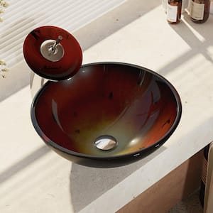 Glass Vessel Sink in Gradient Red with Waterfall Faucet and Pop-Up Drain in Chrome
