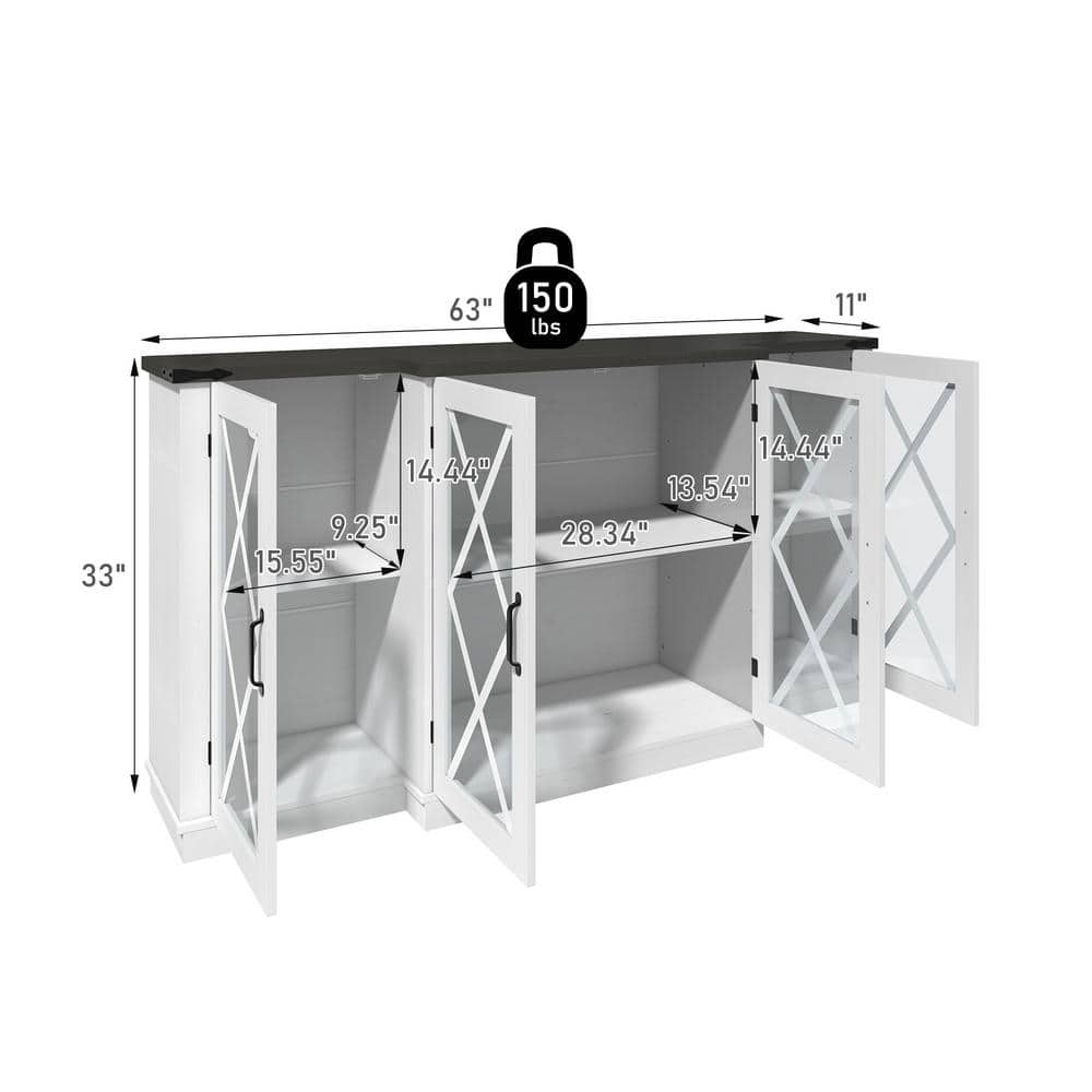 White Farmhouse 63" TV Stand with Glass Cabinet Doors