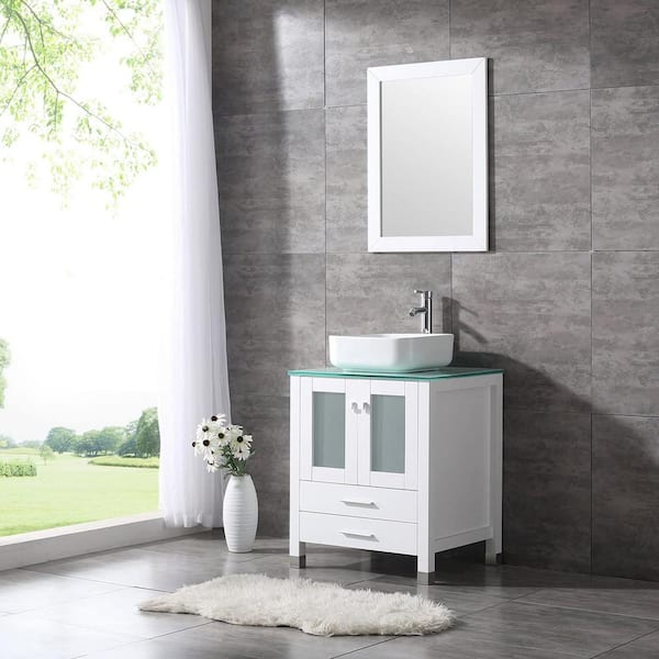 24" Brown Bathroom Vanity Single Glass Sink Mirror Top Faucet Pop Up Drain Set 