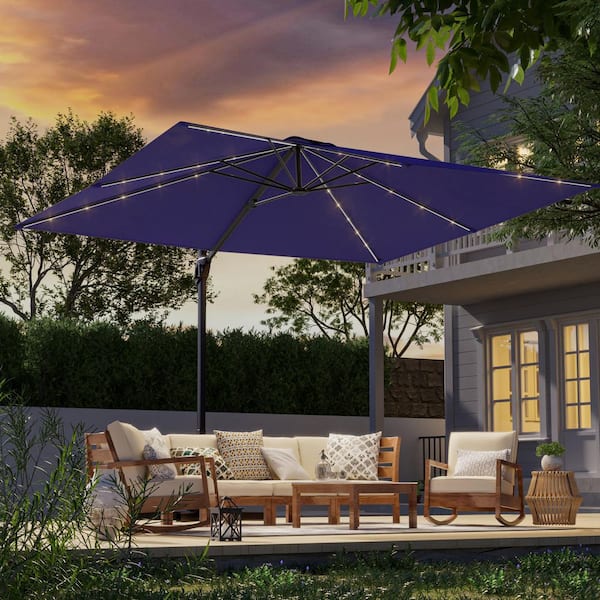 10 x 8 ft. Metal LED Rectangle Cantilever Patio Umbrella Solution-Dyed Fabric and 360° Rotation System in Navy Blue