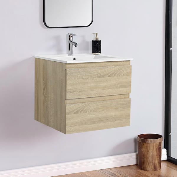 Modern 24 in. W x 18.3 in. D x 20.5 in. H Floating Bath Vanity Cabinet in Light Oak with White Ceramic Top