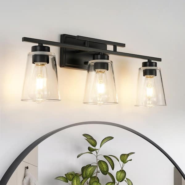 Emilion 23.62-in. W 3-Light Contemporary Industrial Black Linear Cone Clear Glass Bathroom Vanity Light