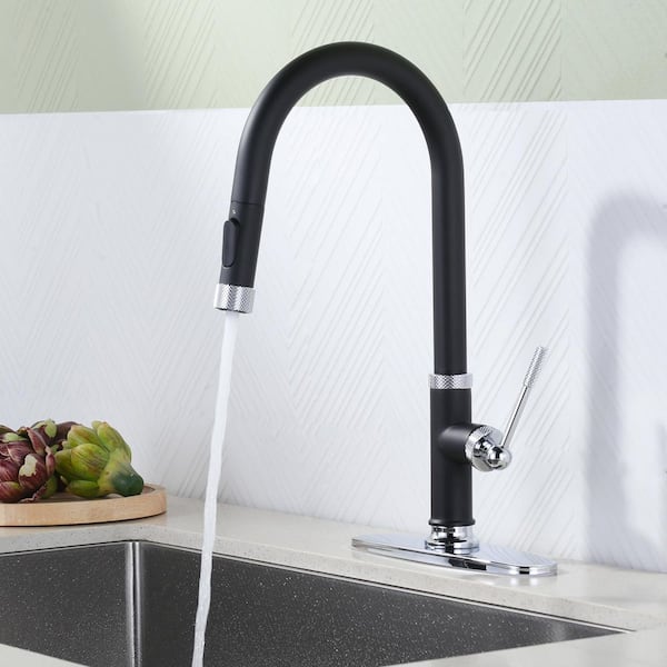 17 in. Single Handle Pull Down Sprayer Kitchen Faucet with 2-Water Modes and 360° Spout Swivel in Chrome and Black
