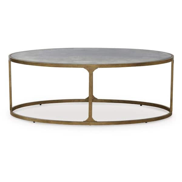 Korajane 48 in. Gold/Mirrored Antique Finish Oval Glass Top Coffee Table