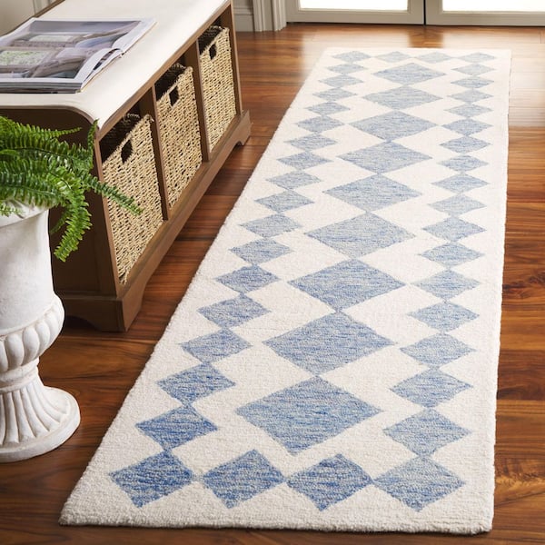 Ebony 2 ft. x 9 ft. Blue/Ivory Geometric Border Diamond Runner Rug