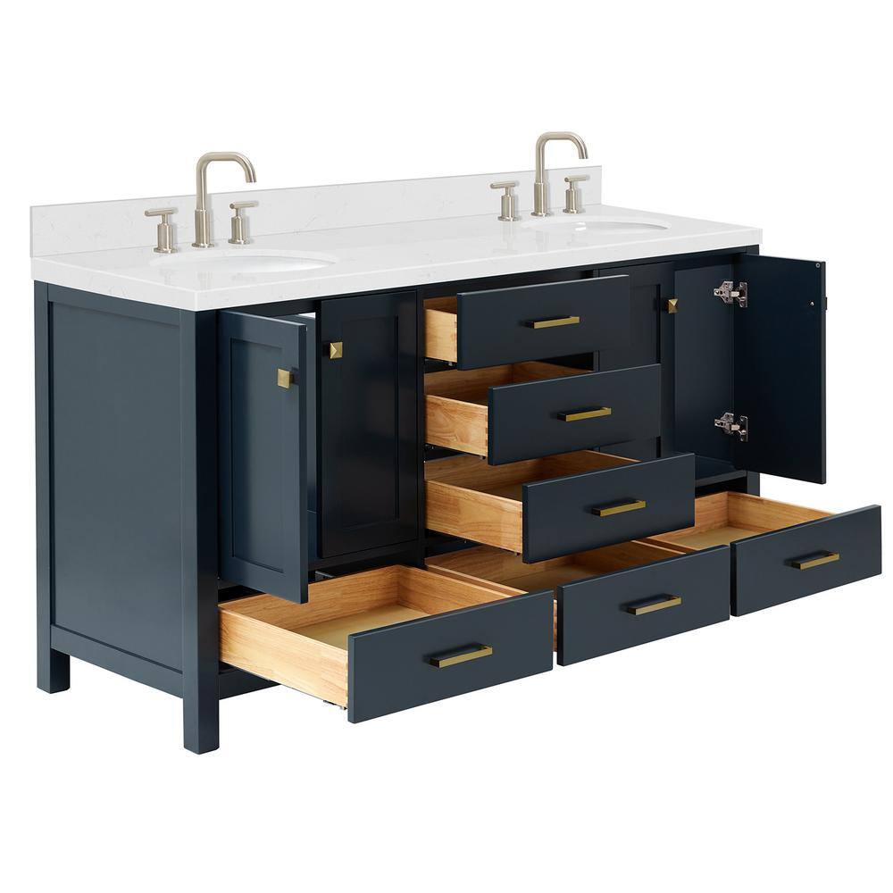 Midnight Blue Wood Freestanding Double Vanity with White Quartz Top