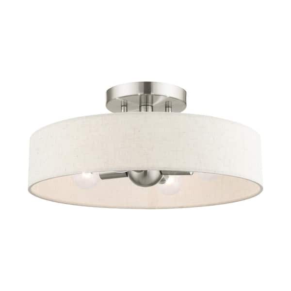 AVIANCE LIGHTING Ambridge 14 in. 4-Light Brushed Nickel Semi Flush Mount with Oatmeal Fabric Shade