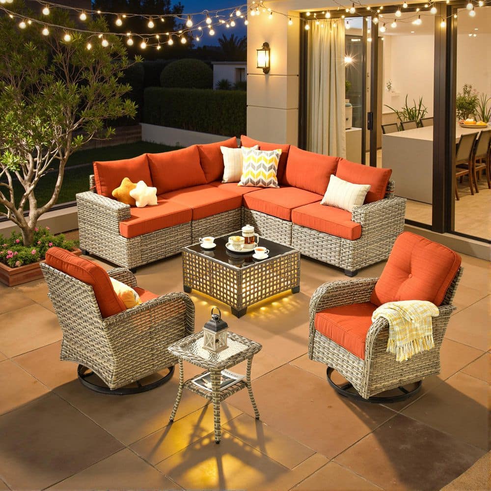 Airframe 9 Pieces Wicker Patio Conversation Seating Sofa Set with Orange Red Cushions price history on PriceWatchPro