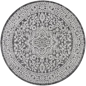 Sinjuri Gray/Black 5 ft. Medallion Textured Weave Indoor/Outdoor Round Area Rug