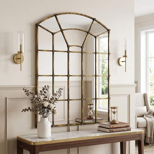 34 in. W x 47 in. H Arched Antique Bronze Metal Framed Windowpane Design Wall Mounted Bathroom Vanity Mirror