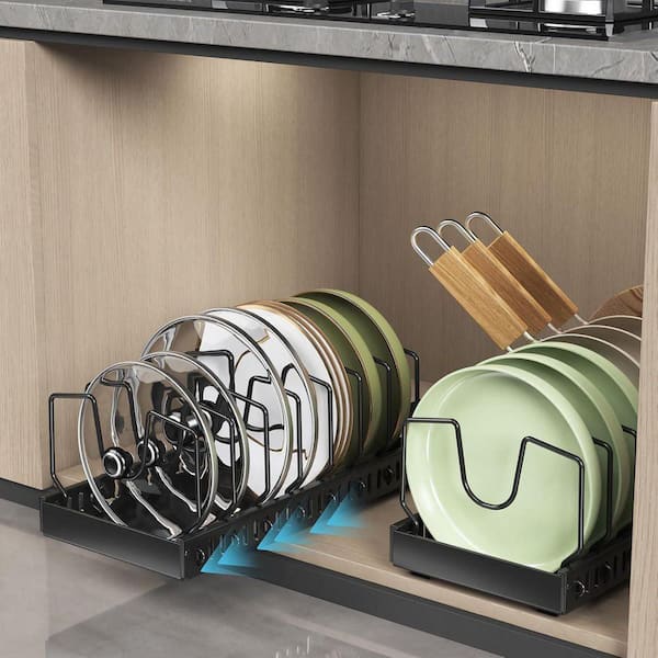 Black Pull Out Pot Lid Organizer Drawer Organizer with Sliding Rail Quiet Access and 16 Adjustable Dividers 2 Pieces