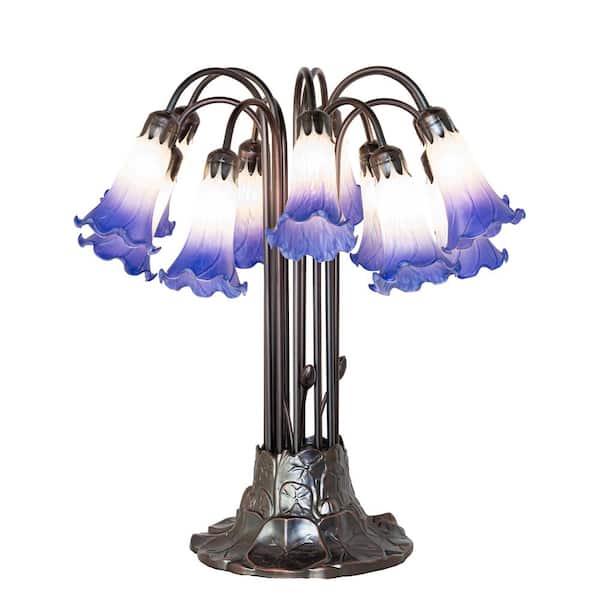 Pond Lily 24 in Mahogany Bronze Victorian Novelty Table Lamp with White & Blue Glass Shade
