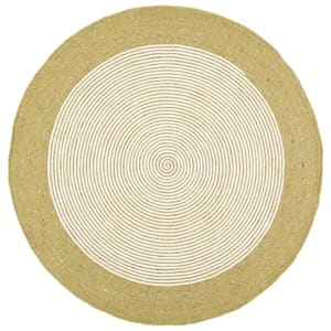 Braided Green Ivory 5 ft. x 5 ft. Border Striped Round Area Rug