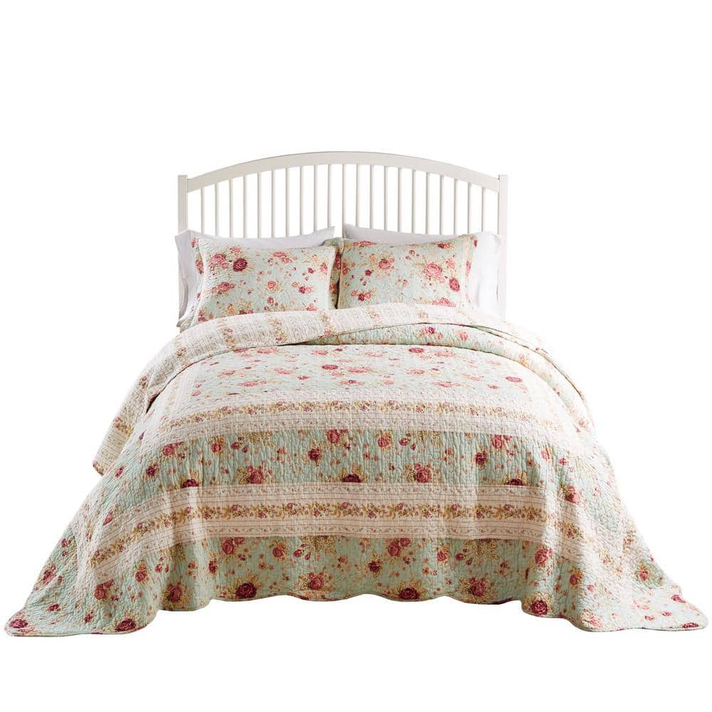 Blue Cotton Reversible Queen Bedspread Set with Floral Print