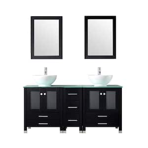 60.6 in. W x 21.3 in. D x 58.6 in. H Double Sinks Bath Vanity in Black with Glass Top and Mirror