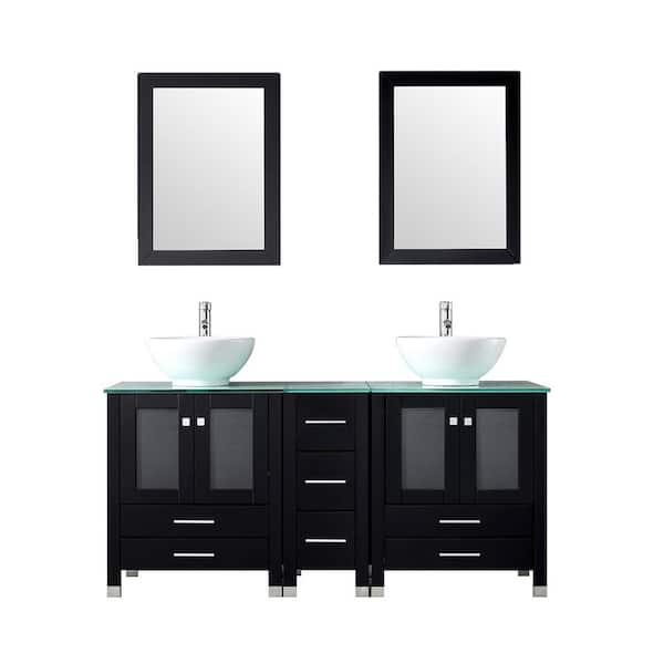 Wonline 60.6 in. W x 21.3 in. D x 58.6 in. H Double Sinks Bath Vanity in Black with Glass Top and Mirror