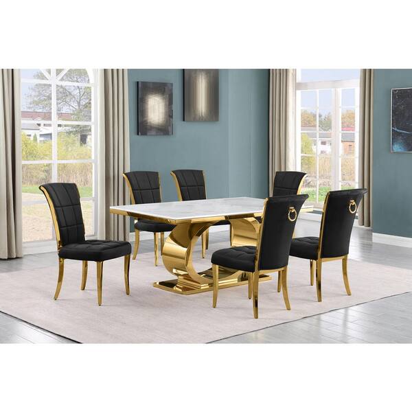 Best Quality Furniture Ibraim 7-Piece Rectangle White Marble Top Gold Stainless Steel Dining Set with 6-Black Velvet Gold Iron Leg Chairs