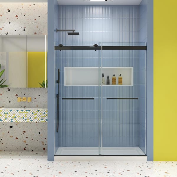 JimsMaison 48 in. W x 74 in. H Sliding Frameless Shower Door in Matte Black Finish with Clear Glass