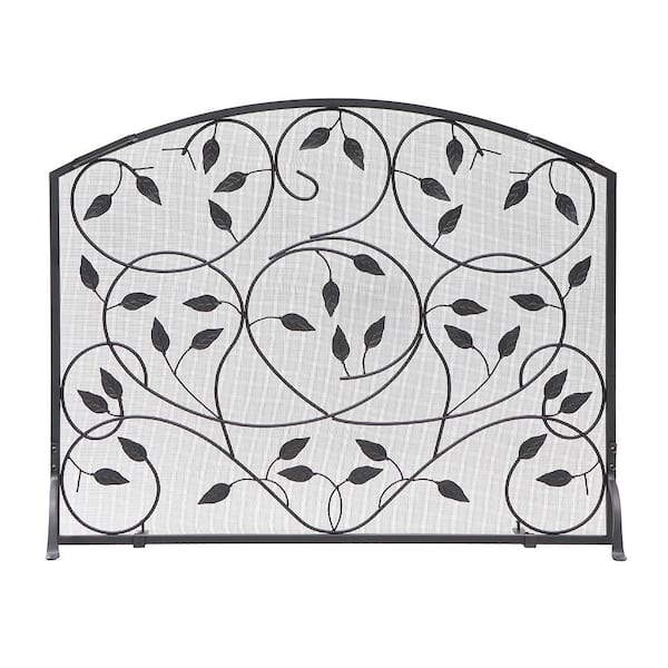 ACHLA DESIGNS 38 in. 1- Panel L Black Flat Fireplace Screen with Leaves Pattern