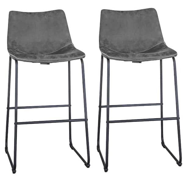 AmeriHome Leisure Chair 30 in. Faux Gray Leather, High Back, Black Steel Bar Stool (Set of 2)
