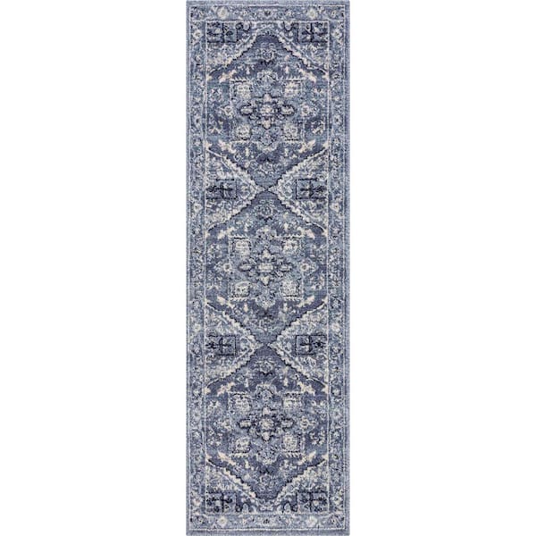 Omaha Camilla Farmhouse, Oriental, Distressed, Denim Blue 2 ft. 3 in. x 7 ft. 3 in. Runner, Area Rug