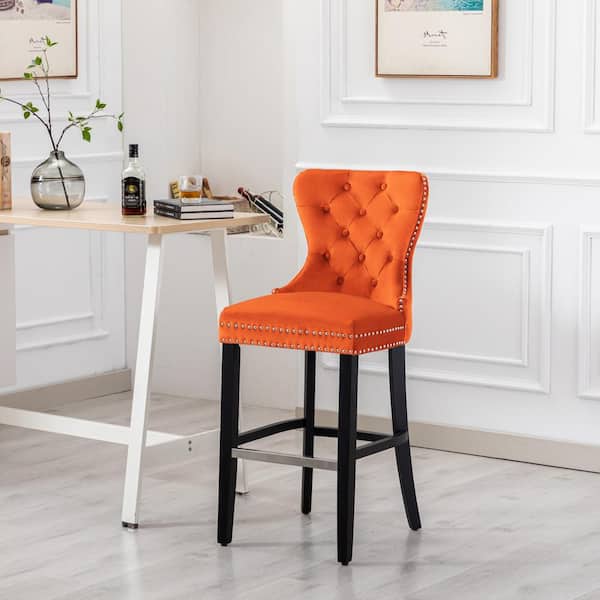Harper 29 in. High Back Nail Head Trim Button Tufted Orange Velvet Bar Stool with Solid Wood Frame in Black