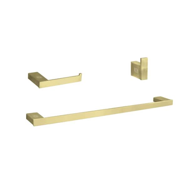Unbranded Timeless Home 3-Piece Bath Hardware Set with Toilet Paper Holder Towel Rod and Robe Hook in Brushed Gold